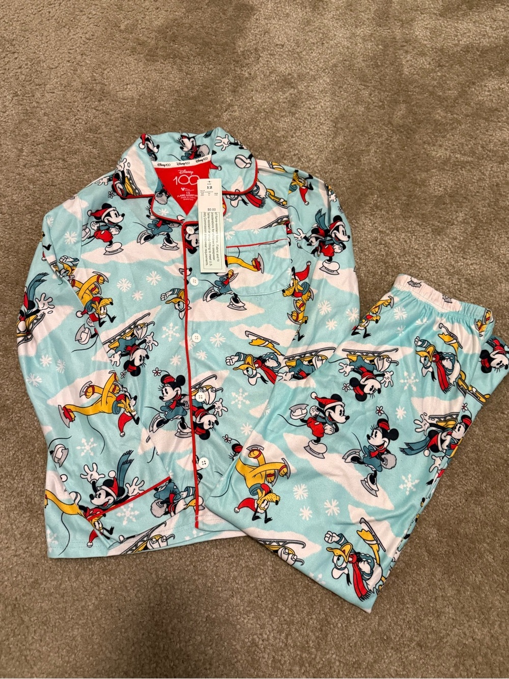 Disney Light Blue Mickey & Friends Holiday Print Pajama Set with Red Trim